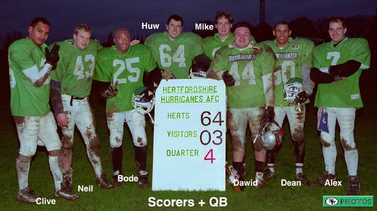 Hurricanes scorers with the scoreboard (Herts 64, Visitors 3) after the win over Kent Falcons, 12 December 1999