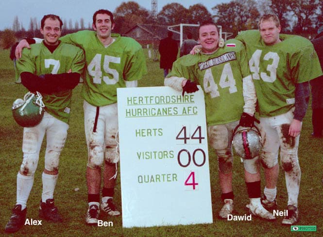 Hurricanes scorers with the scoreboard (Herts 44, Visitors 0) after the win over Leeds Celtics, 21 November 1999