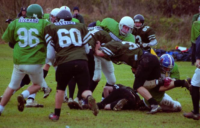Rookie DE/DT Leo Townsend gets into the thick of things against Leeds. Photo: Roger Stacey