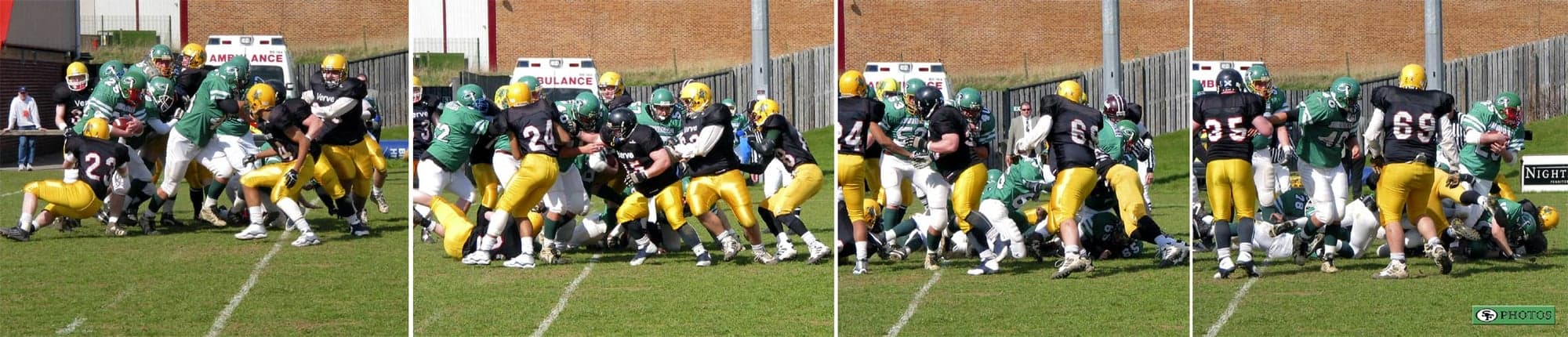 College Bowl XVII, Hertfordshire Hurricanes v Stirling Clansmen, 30 March 2003: a four-frame goal-line sequence