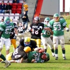 Short! Andy Cochrane reaches the 1 yard line in the dying seconds of College Bowl XVII.