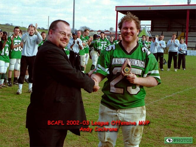 BCAFL 2002–03 League Offensive MVP Andy Cochrane (text on the photo), College Bowl XVII day