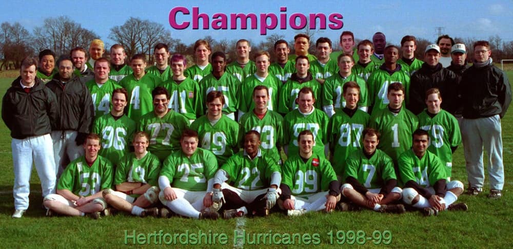 Hertfordshire Hurricanes 1998–99 team photo, captioned "Champions"