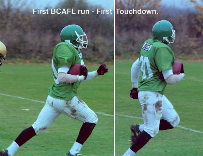Hertfordshire Hurricanes v UEA Pirates, 7 November 1999: "First BCAFL run – first touchdown" (text on the photo)