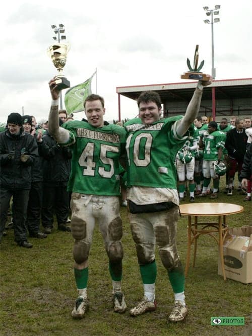 Trophies raised after College Bowl XVIII, the 2003–04 national final against Staffordshire Stallions, 21 March 2004