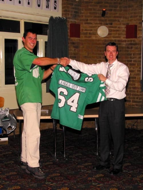 Jim Messenger retires Huw Stacey’s #64 shirt (“League MVP 1998” on the shirt), Rookies and Legends Evening 2002