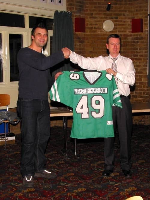 Jim Messenger retires Tony Groden’s #49 shirt (“League MVP 2001” on the shirt), Rookies and Legends Evening 2002